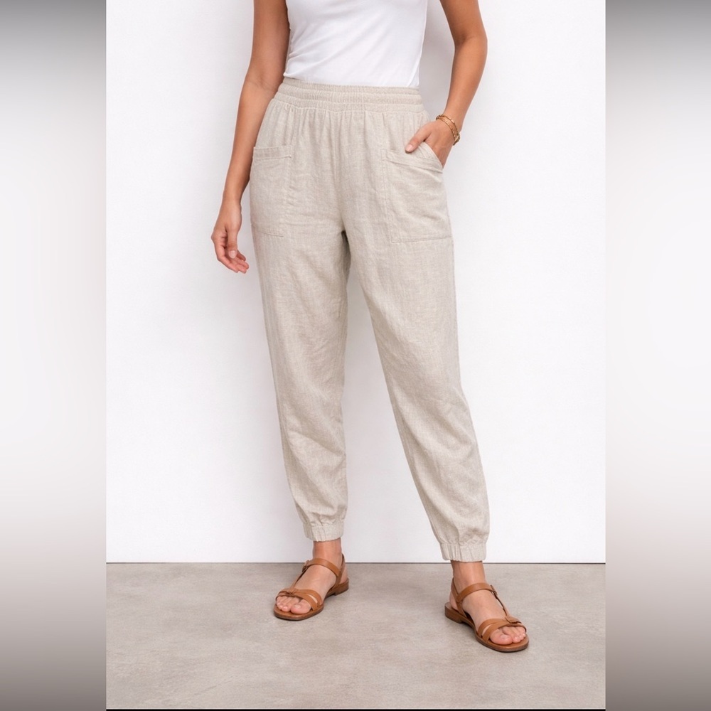 WIDE-LEG Slouchy Cropped Tapered High Waist Linen Cotton Pocket Ankle Pants Sz L